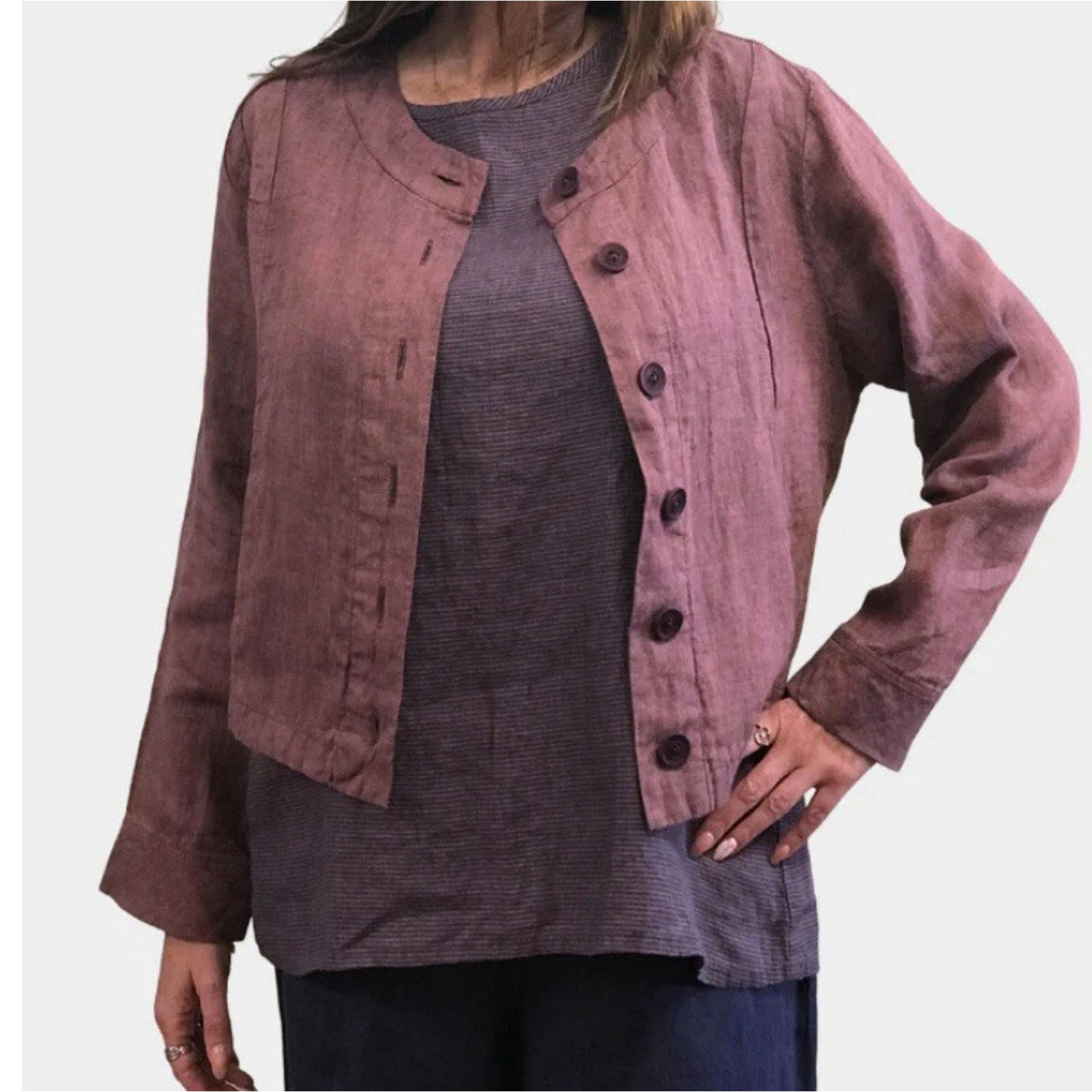 Nwt Flax P Sz 6-10 Linen Purple Berry Yarn Dye Button Shacket Pocket Long Sleeve